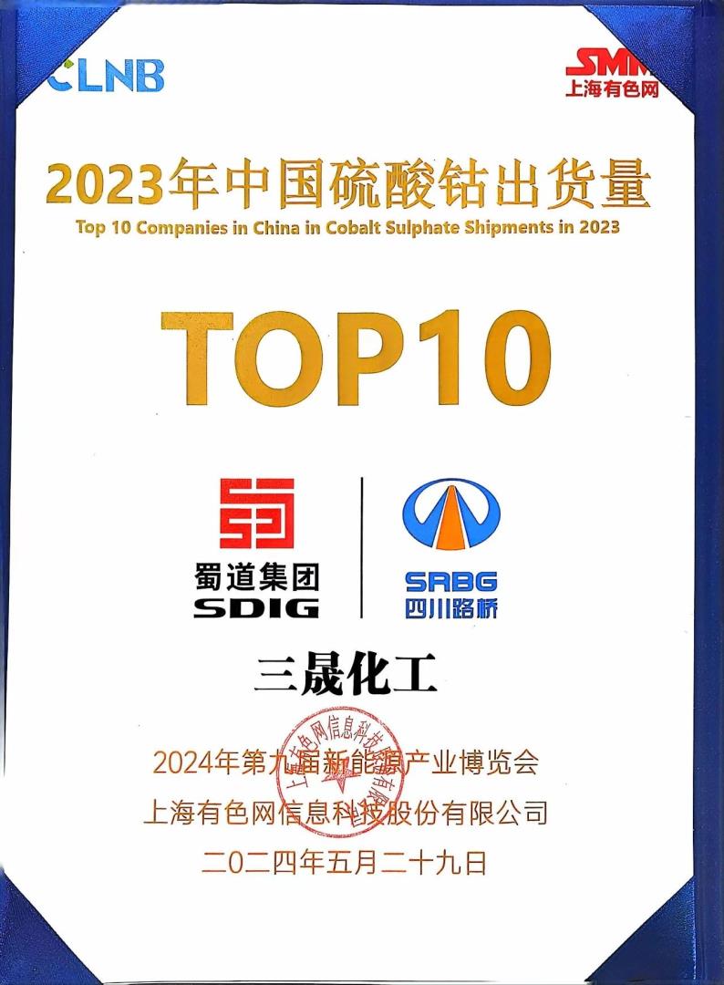 TOP10！礦業(yè)集團(tuán)浙江三晟公司榮登SMM中國(guó)硫酸鈷出貨量榜單